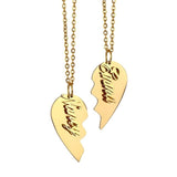 Broken heart necklaces with personalized names in gold colors for couples