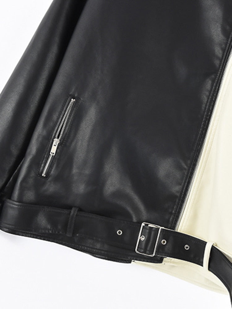 Women's Half Black and Half White Faux Leather Long Sleeve Biker Jacket