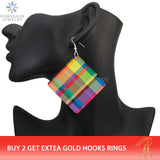Madras pattern wooden earrings for women