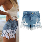 Women's summer denim short jean shorts with lace pattern