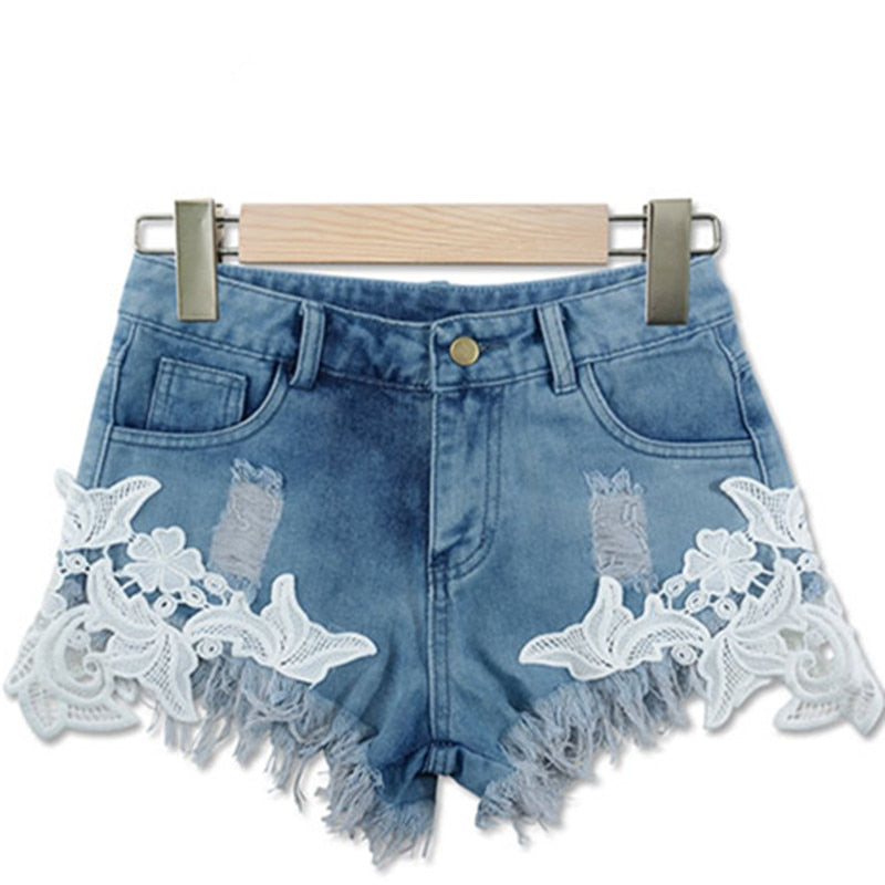 Women's summer denim short jean shorts with lace pattern – Mjc