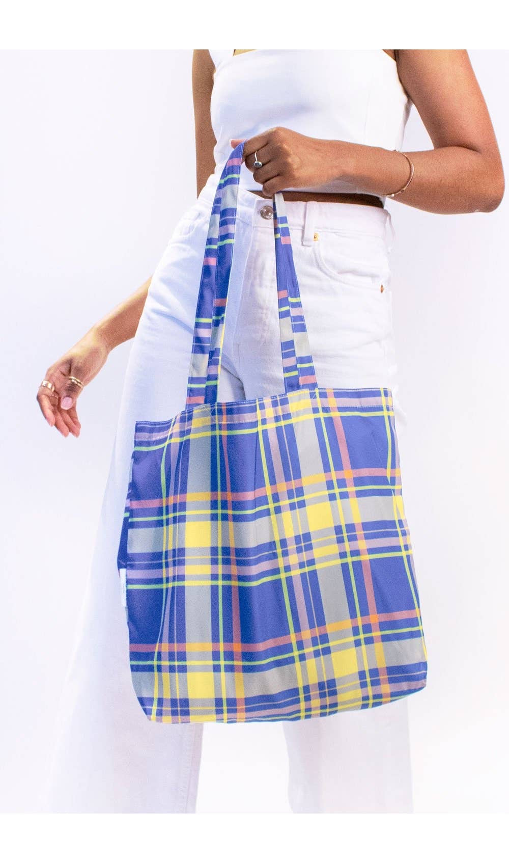 Blue and yellow madras tote bag for women
