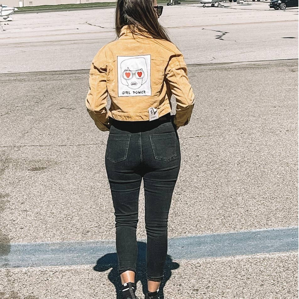 Short mustard velvet denim jacket for women